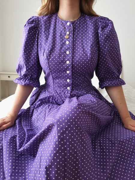  Vintage Purple Polka Dot Midi Dress