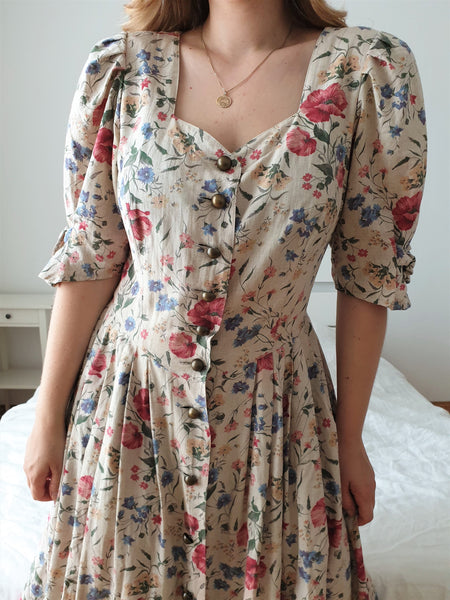  Vintage Poppy Field Puff Sleeve Dress