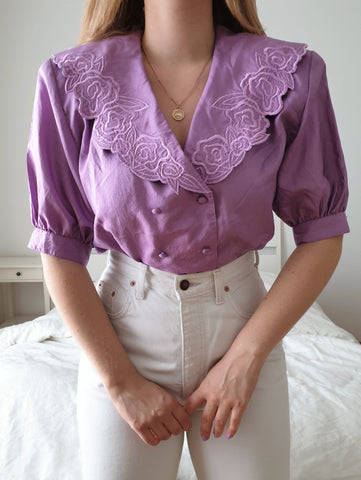 Vintage Purple Flower Collar Blouse