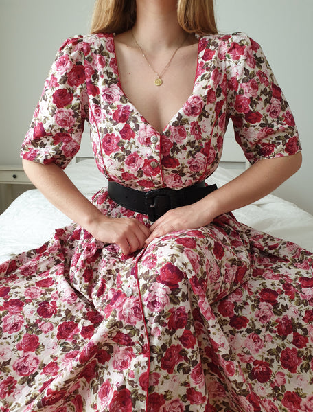  Vintage Red and Pink Peony Maxi Dress