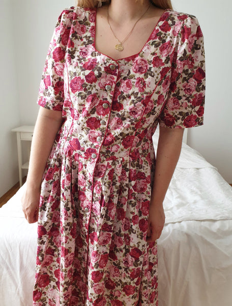  Vintage Red and Pink Peony Maxi Dress