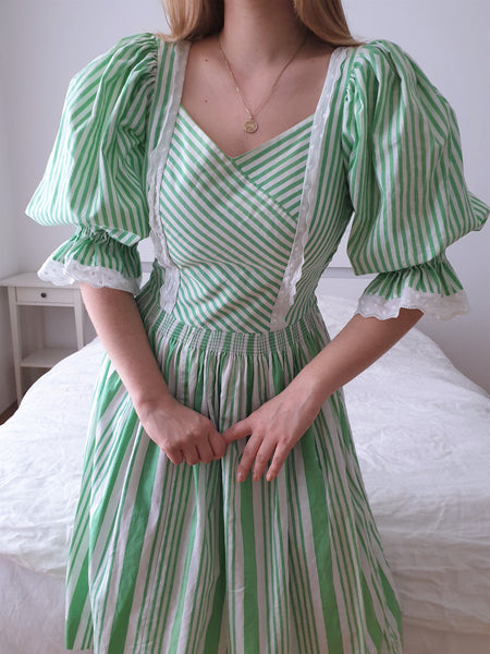 Vintage Green Stripes Puff Sleeve Dress