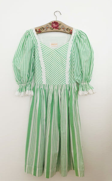 Vintage Green Stripes Puff Sleeve Dress
