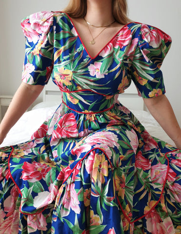 Vintage Tropical Flower Print Puff Sleeve Dress